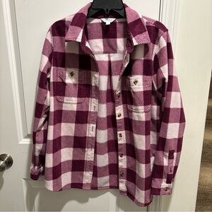 Fleece Time and Tru Plaid Button-Up Shirt in Pink and White